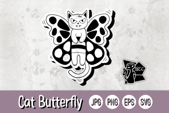 Cat Butterfly Bw SVG PNG EPS – Graphics for Crafts